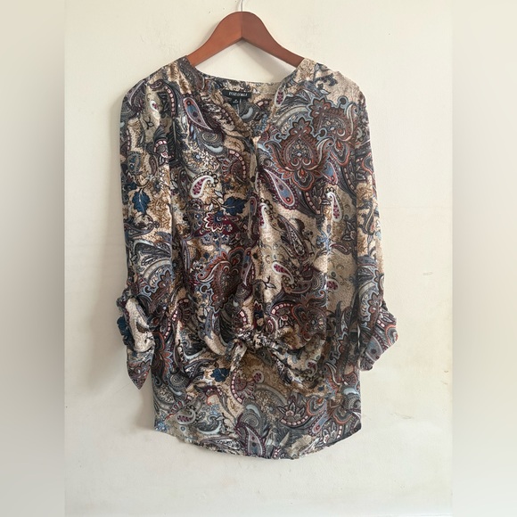 Roz & Ali Tops - Roz Ali Blouse Womens M Multi Floral Paisley Semi Sheer Roll Tab Sleeve NWT